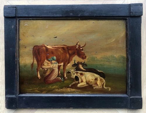 Naive Folk Art Original Early 19th Century Antique Oil Painting on Wood Panel, Maid Milking Cows