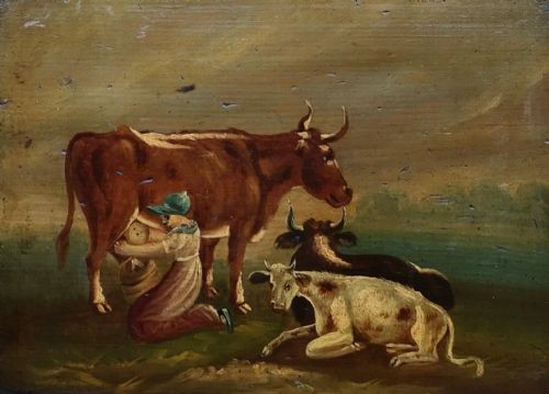 fig 1. Naive Folk Art Original Early 19th Century Antique Oil Painting on Wood Panel, Maid Milking Cows