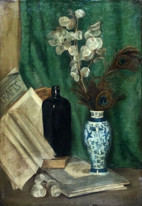 E Nunn 1909 Signed Original Earlt 20th Century Antique Oil Painting on Board Flowers in a Chinese Vase, Bottle & Feathers Still Life Study