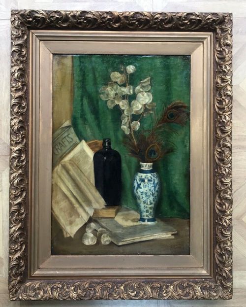 fig 1. E Nunn 1909 Signed Original Earlt 20th Century Antique Oil Painting on Board Flowers in a Chinese Vase, Bottle & Feathers Still Life Study