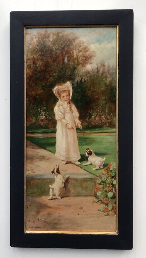 fig 1. David W Haddon 1904 Signed Original Early 20th Century Antique Oil Painting on Wood Panel Young Girl Playing with Puppy Dogs