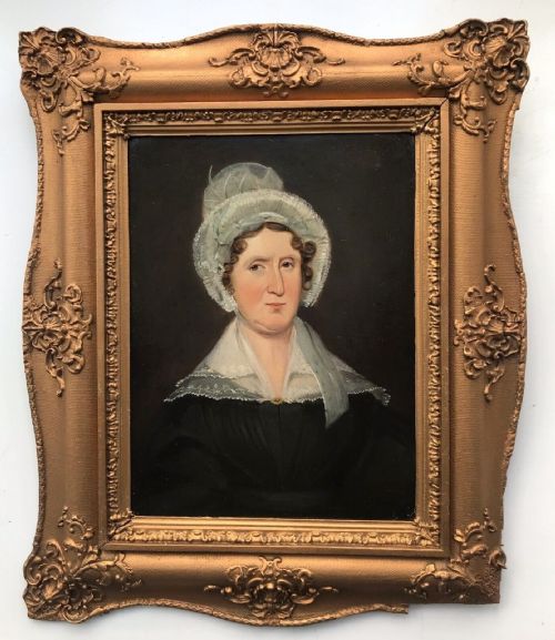 Indistinctly Signed & Dated Verso Original Antique Framed Oil Painting on Board Portrait of a Lady in Ribbon Bonnet and a Lace Collar