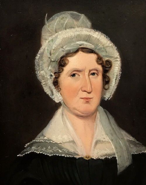 fig 1. Indistinctly Signed & Dated Verso Original Antique Framed Oil Painting on Board Portrait of a Lady in Ribbon Bonnet and a Lace Collar