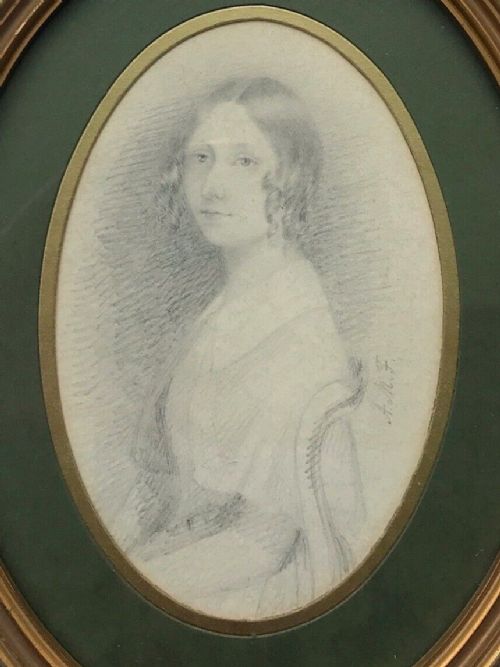 fig 1. Signed Original Antique Oval Pencil Drawing Portrait of a Young Queen Victoria