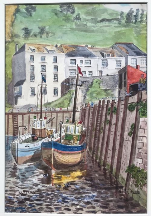 W Pickles Signed Original Vintage English Watercolour Painting Polperro Harbour Corwall Seascape