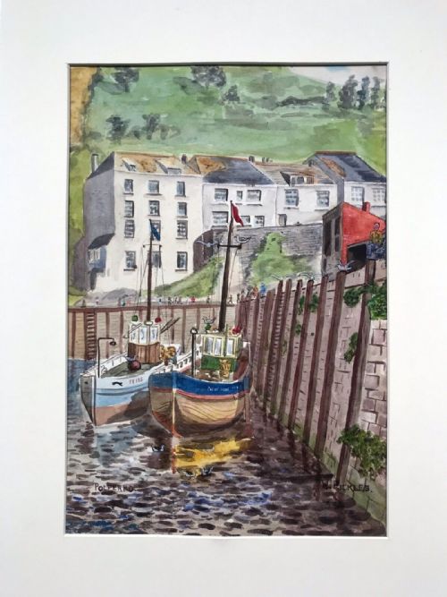 fig 1. W Pickles Signed Original Vintage English Watercolour Painting Polperro Harbour Corwall Seascape