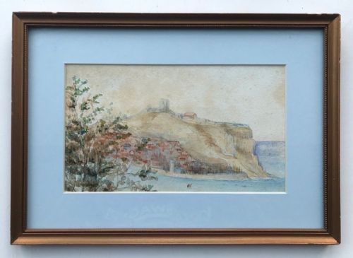 Original 19th Century Antique Watercolour Painting Scarborough Castle and Rooftops View Yorkshire Seascape