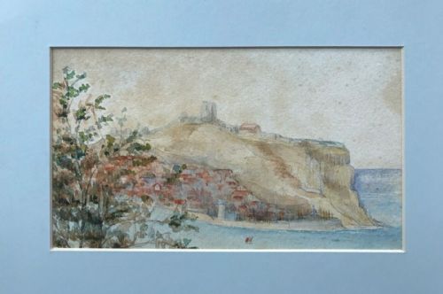 fig 1. Original 19th Century Antique Watercolour Painting Scarborough Castle and Rooftops View Yorkshire Seascape
