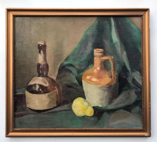 Original Early 20th Century Antique Oil Painting on Board Still Life Study of a Brandy Bottle, Ceramic Jug & Lemon Indistinctly Signed