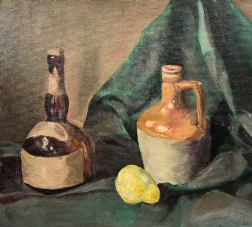 fig 1. Original early 20th Century Antique Oil Painting on Board Still Life Study of a Brandy Bottle, Ceramic Jug & lemon Indistinctly Signed