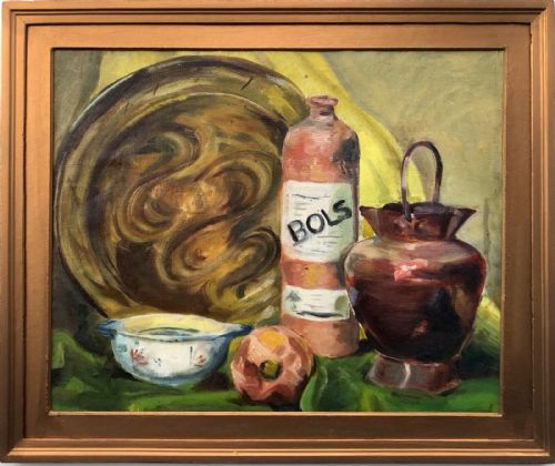Original Early 20th Century Antique Oil Painting Canvas on Board Still Life Study of a Bols Gin Bottle & Charger
