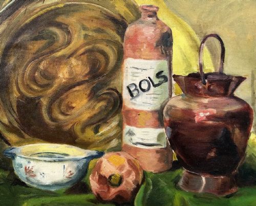 fig 1. Original early 20th Century Antique Oil Painting Canvas on Board Still Life Study of a Bols Gin Bottle & Charger