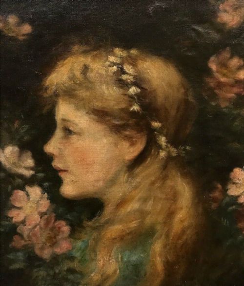 fig 1. English School Original Antique Oil Painting Portrait Girl, Manner of G F Watts