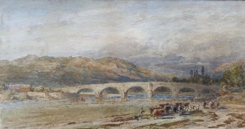 Thomas Danby Original Signed Mid 19th Century Antique Watercolour Painting Herding Cattle by a Bridge English River Landscape