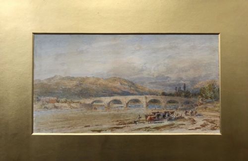 fig 1. Thomas Danby Original signed Mid 19th Century Antique Watercolour Painting Herding Cattle by a Bridge English River Landscape
