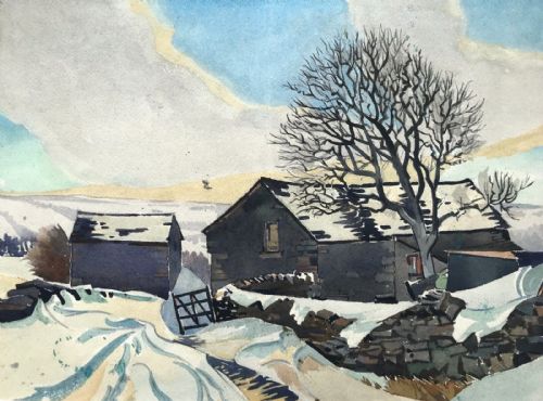Original Maurice Long Mid 20th Century Vintage Watercolour Painting Middlesmoor in Snow Nr Pateley Bridge North Yorkshire