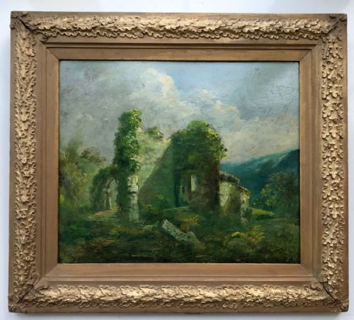 Original 19th Century Antique Oil Painting on Board, English School Ruined Castle Landscape Inscribed Verso in Decorative Frame