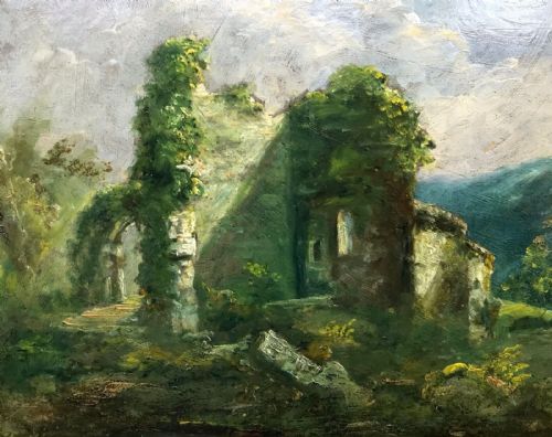 fig 1. Original 19th Century Antique Oil Painting on Board, English School Ruined Castle Landscape inscribed verso in Decorative Frame