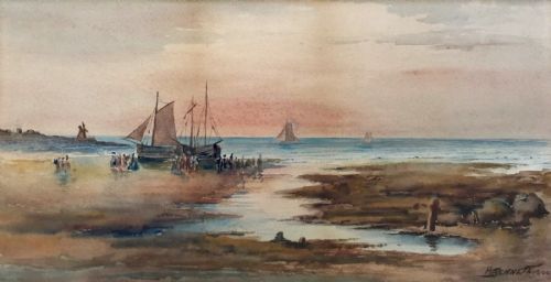 Signed H Bennett 1906 Original Antique Watercolour Painting Yorkshire Coast Landscape with Figures & Boats