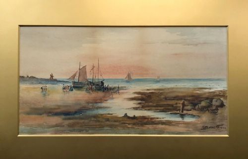 fig 1. Signed H Bennett 1906 Original Antique Watercolour Painting Yorkshire Coast Landscape with Figures & Boats