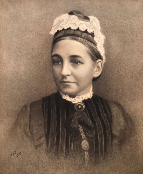 Signed Large English Antique Original Victorian Charcoal Pencil Drawing of Lady Dated 1890