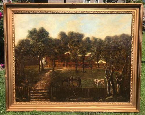 Original 19th Century English School Large Antique Oil Painting on Canvas Farmstead Horses & Cattle