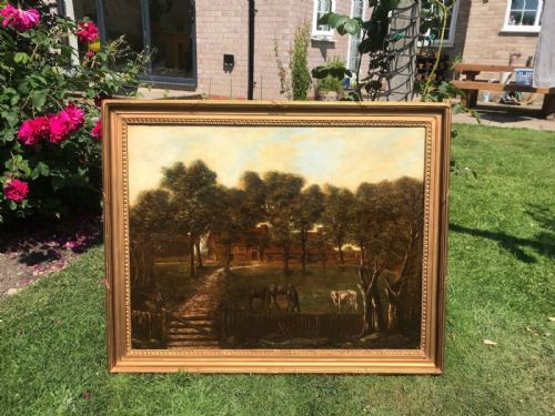 fig 1. Original 19th Century English School Large Antique Oil Painting on Canvas Farmstead Horses & Cattle