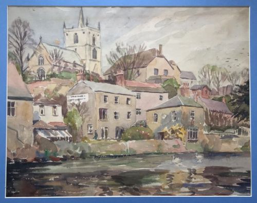 fig 1. Manner of Angus Rands Original Mid 20th Century Watercolour Painting Waterside & River Nidd Knaresborough Yorkshire Landscape