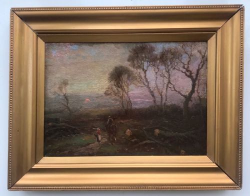 William Ashton Signed Original 19th Century Antique Oil Painting on Canvas Horse & Rider at Sunset