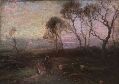 fig 1. William Ashton Signed Original 19th Century Antique Oil Painting on Canvas Horse & Rider at Sunset