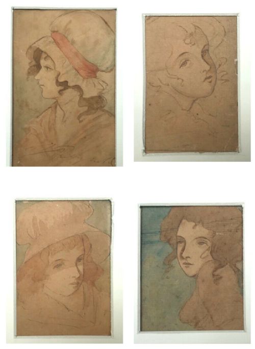fig 1. Joshua Reynolds 4 x Original 18th Century Antique Watercolour Paintings Portrait Sketches of Young Women Signed J Reynolds & Dated Inscription Verso