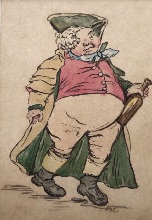 fig 1. Original Monogrammed 19th Century Watercolour Sketch Portrait Caricature of a Drunken Man