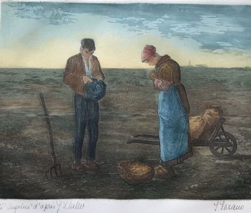 Signed Colour Etching Engraving  by J Fazauo Titled 'L'angelus" After Jean Francois Millet