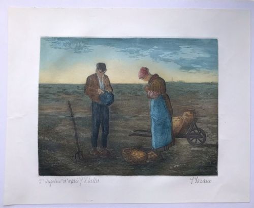 fig 1. Signed Colour Etching Engraving by J Fazauo Titled 'L'Angelus