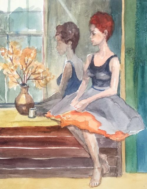 Angela Stones Original Mid 20th Century Watercolour Painting Portrait Study of a Lady Sitting by a Mirror