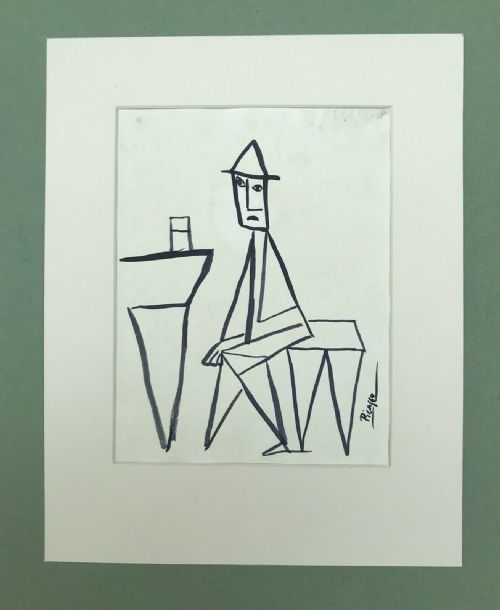 Signed Picasso Original Ink Drawing in the Manner of Pablo Picasso Abstract Drawing on Paper of Man Having a Drink