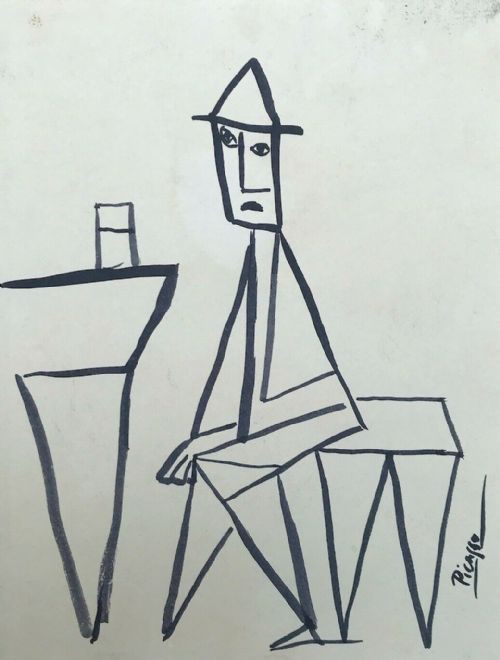 fig 1. Signed Picasso Original Ink Drawing in The Manner of Pablo Picasso Abstract Drawing on Paper of Man having a Drink