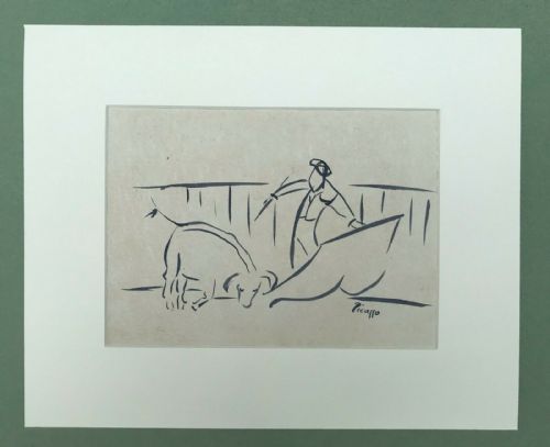 Signed Picasso Original Mid 20th Century Ink Drawing on Paper in the Manner of Pablo Picasso Abstract Sketch of Bull Fighting