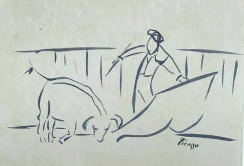 fig 1. Signed Picasso Original Mid 20th Century Ink Drawing on Paper in the Manner of Pablo Picasso Abstract Sketch of Bull Fighting