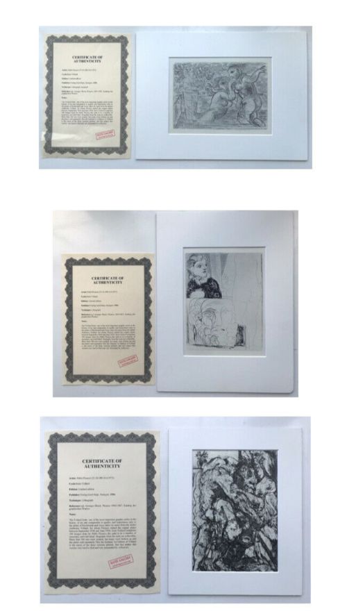 Three Pablo Picasso Limited Edition Suite Vollard Lithographs 1956 1st Edition Lithographs with Certificates of Authenticity