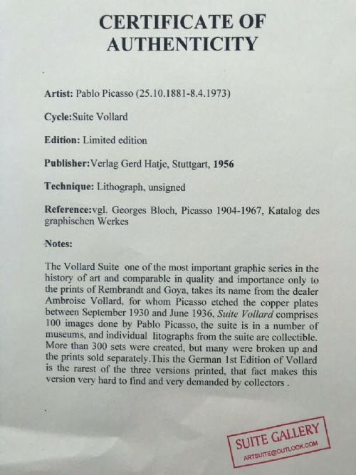 fig 1. Three Pablo Picasso Limited Edition Suite Vollard Lithographs 1956 1st Edition Lithographs with Certificates of Authenticity