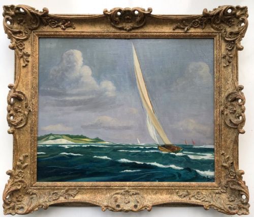 Sailing Boat on a Windy Day Original Early 20th Century Oil Painting on Board Signed K.e. Dated 1937
