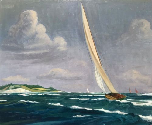 fig 1. Sailing Boat on a Windy Day Original early 20th Century Oil Painting on Board signed K.E. Dated 1937