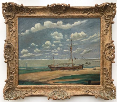 Beached Boat Seascape Original Early 20th Century Vintage Oi Painting on Board Signed Ke Dated 1937