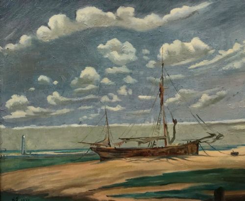 fig 1. Beached Boat Seascape Original Early 20th Century Vintage Oi Painting on Board signed KE Dated 1937