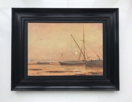 William Burns Signed Original Mid 20th Century English Oil Painting on Panel Sunrise, Pin Mill Suffolk