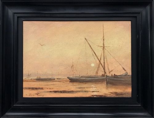 fig 1. William Burns Signed Original Mid 20th Century English Oil Painting on Panel Sunrise, Pin Mill Suffolk