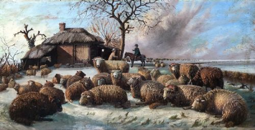 Circle of Cornelius Van Leemputten Original Early 19th Century Antique Oil Painting on Canvas Flock of Sheep Farmstead Landscape