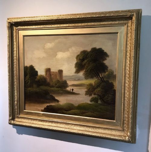 ANTIQUE 19TH CENTURY ORIGINAL ENGLISH SCHOOL OIL PAINTING ON CANVAS CASTLE TREES LAKE LANDSCAPE IN WOODEN GILT FRAME - ADDITIONAL PHOTO 8