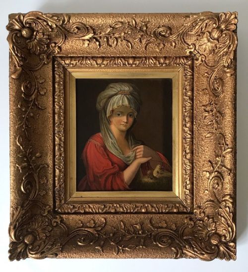 Original 19th Century Antique Oil Painting on Canvas Attached to Board Portrait of a Lady in Red Dress with Doves in a Basket